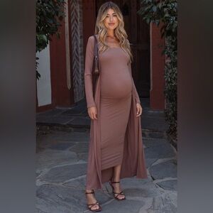 Pinkblush Mocha Ribbed Maternity Maxi Dress with Long Duster